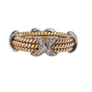 Tiffany &amp; Co Schlumberger 18k Gold Platinum Diamond 3 Row Rope X Ring