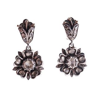 18k Gold Silver Rose Cut Diamond Drop Earrings