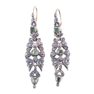 Antique Silver Gold Emerald Rose Cut Diamond Earrings
