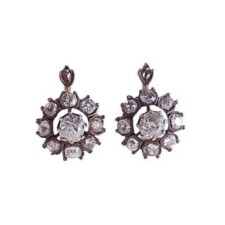 Antique 18k Gold Silver Diamond Cluster Earrings
