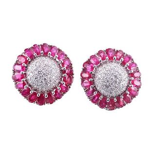 18k Gold Diamond Ruby Flower Earrings