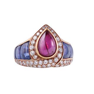 French 18k Gold Sapphire Ruby Diamond Ring