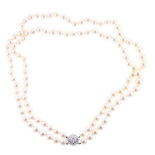 18k Gold Diamond Pearl Two Strand Necklace
