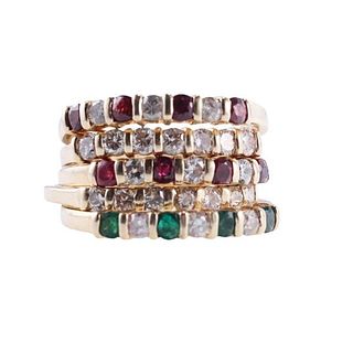 14k Gold Diamond Emerald Ruby Band Ring Set