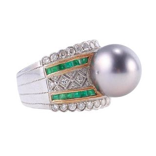 Platinum Diamond Pearl Emerald Ring