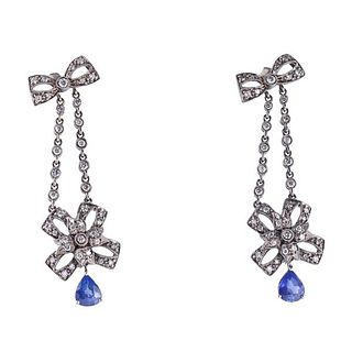 18k Gold Diamond Sapphire Bow Drop Earrings