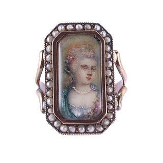 Antique Gold Silver Seed Pearl Miniature Portrait Ring