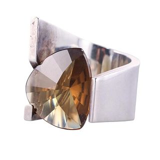 1970s Modernist Smokey Topaz Silver Ring