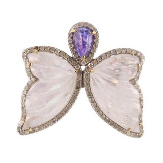14k Gold Silver Diamond Tanzanite Carved Moonstone Butterfly Ring