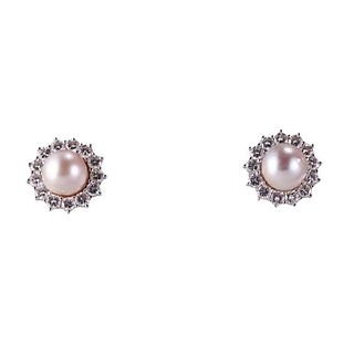 14k Gold Diamond Pearl Stud Earrings