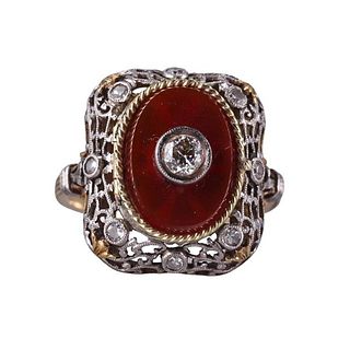 Art Deco Filigree 18k Gold Diamond Chalcedony Ring