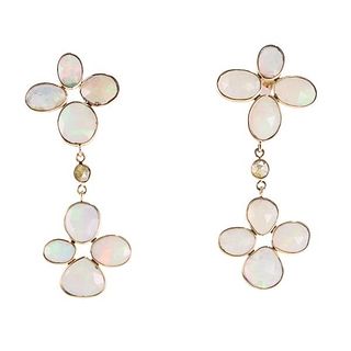 18k Gold Diamond Natural Opal Drop Earrings