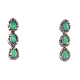 14k Gold Silver Diamond Emerald Drop Earrings