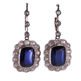 Art Deco 18k Gold Platinum Synthetic Sapphire Diamond Earrings