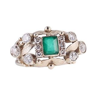 Arts &amp; Crafts 14k Gold Diamond Emerald Ring 
