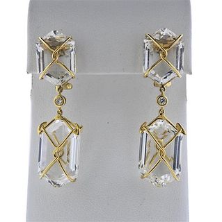 18K Gold Diamond Rock Crystal Drop Earrings