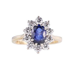 18k Gold Diamond Synthetic Sapphire Cluster Ring