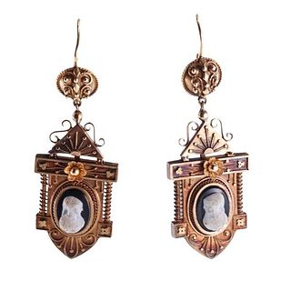 Antique Victorian 14k Gold Cameo Drop Earrings