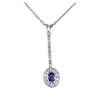 Antique Art Deco Platinum Diamond Sapphire Pendant Necklace