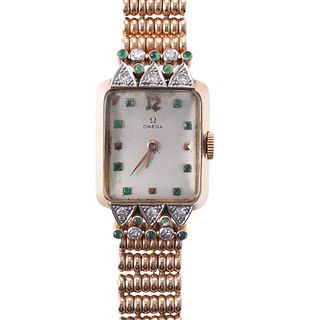 Retro Omega 18k Gold Diamond Emerald Watch on Roca Bracelet