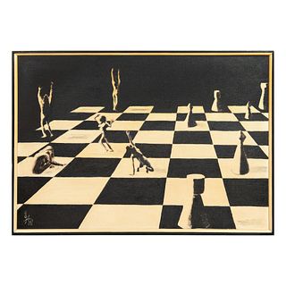 Lew Wolfson, Original Surrealist Oil on Canvas, Chess Signed