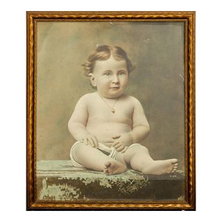 Antique Large Hand-Colored Photograph Baby with Heart Charm