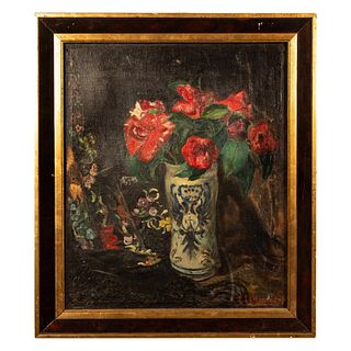Original Oil on Canvas, Still Life with Red Roses, Signed