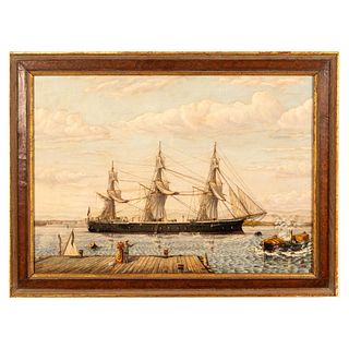 Antique Original Oil on Canvas, British Frigate, Signed