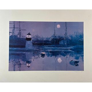 Cain, Lithograph Harbor Scene, signed