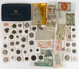 ASSORTED SILVER AND OTHER WORLD COINS / CURRENCY, UNCOUNTED LOT