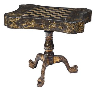 Chinese Export Black Lacquer and Parcel Gilt Chinoiserie Games Table