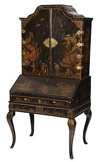 Continental Black Lacquer and Parcel Gilt Chinoiserie Secretary Cabinet