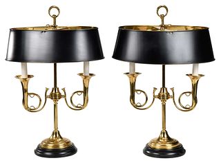 Pair Brass Hunting Horn Bouillotte Lamps