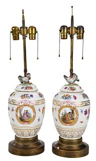Pair of Porcelain Barrel Form Vases Mounted as Lamps