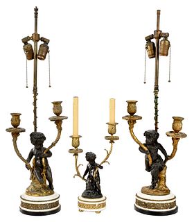 Three Gilt Bronze and Marble Figural Lamps