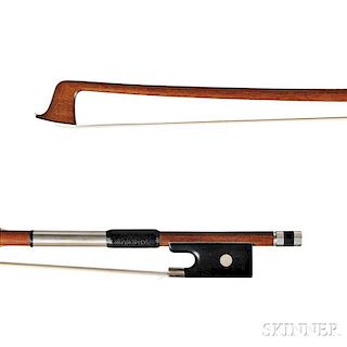 Silver-mounted Violin Bow, the round stick stamped A. LAMY A PARIS, weight 58.9 grams.