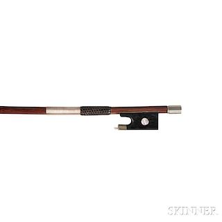 French Nickel-mounted Child's Violin Bow, Morizot Frères, broken, the round stick unstamped, weight 38 grams, (without head)