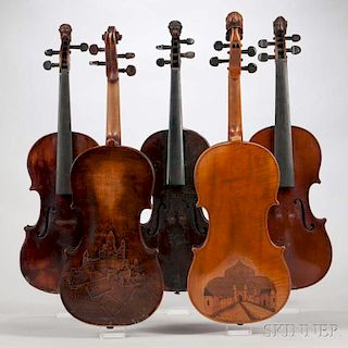 Five Violins, two with decorated backs, three with lion's head scrolls, length of back 361, 360, 360, 354, and 356 mm.