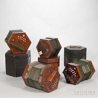 English Concertina, C. Wheatstone, London, 1859, serial no. 10742, with case; together with one English and two German concer