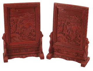 (2) CHINESE RED FIGURES IN LANDSCAPE TABLE SCREENS