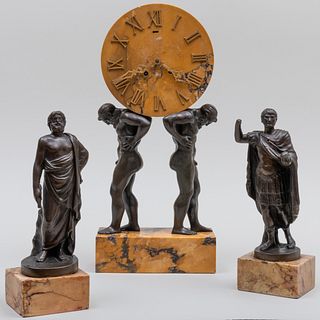 Patinated-Bronze and Siena Marble Atlas Clock, together with Two Bronze Figures, After the Antique 