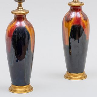 Pair of Ormolu-Mounted Glazed Porcelain Table Lamps