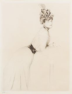 Paul Cesar Helleu, (French, 1859-1927), Portrait de Madame Cheruit accoudee au gueridon, c. 1895
