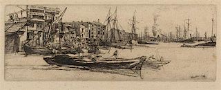 * James Abbott McNeill Whistler, (American, 1834-1903), Thames Warehouses (from the Thames Set), 1859
