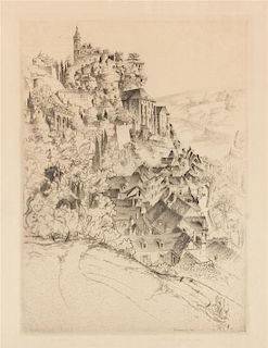 John Taylor Arms, (American, 1887-1953), Towers of San Gimignano, 1932 and Rocamadour, 1927 (a group of two etchings)