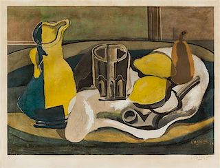 After Georges Braque, (French, 1882-1963), Nature morte au Pichet, Verre, Pipe et Fruits, c. 1950