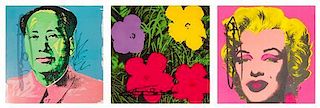 After Andy Warhol, (American, 1928-1987), Untitled (3 announcement cards for the Mao, Marilyn, and Flowers portfolios)