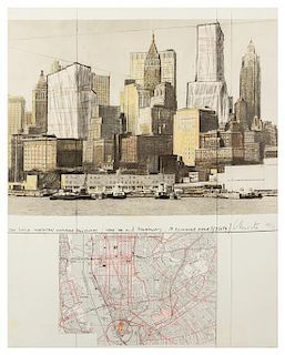 Christo and Jeanne-Claude, (Bulgarian/American, b. 1935), Two Lower Manhattan Wrapped Buildings, Project for New York, 1980