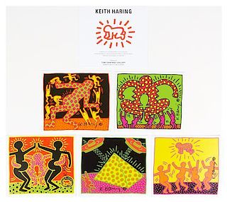 After Keith Haring, (American, 1958-1990), Untitled (set of 5 announcement cards for the Fertility portfolio with title card)