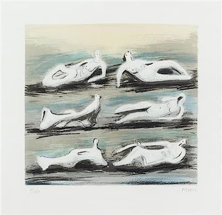 Henry Moore, (British, 1898 - 1986), Six Reclining Figures with Blue Background, 1980